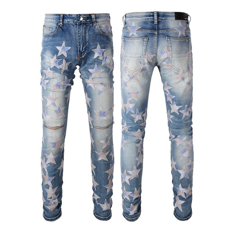 Denim |  Mens Denim Biker Jeans With A Palm Tree Print Denim Blue