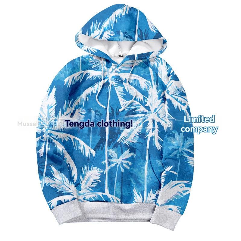 Denim |  Mens Denim Hooded Bomber Jacket With Palm Tree Print Denim Blue