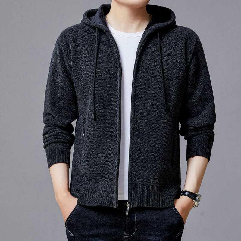 Jumpers & Cardigans |  Mens Grey Sherpa Zip Through Knitted Hoodie Hoodies & Sweatshirts Grey