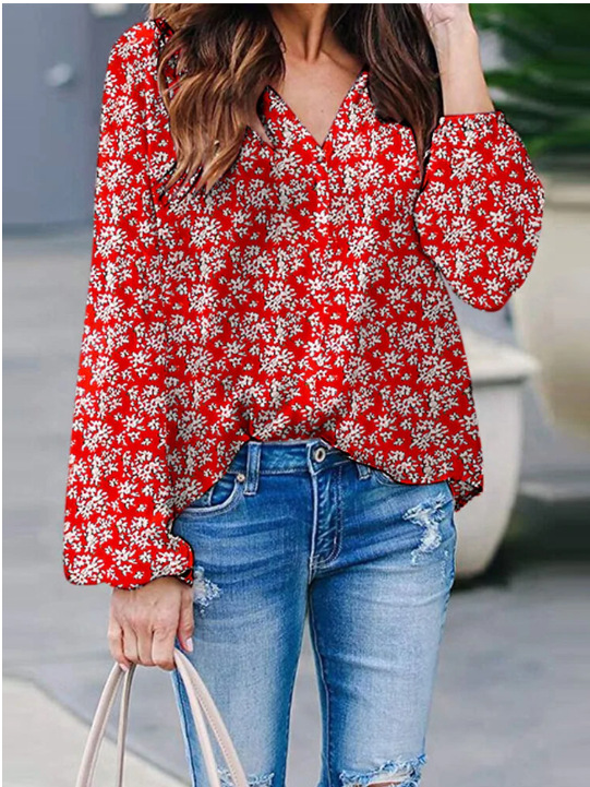 Shirts & Blouses |  Womens Red Floral Long Sleeve Tea Top Shirts & Blouses Red