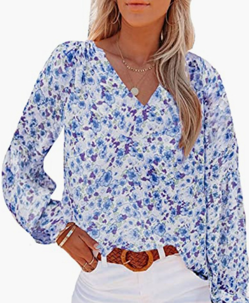 Shirts & Blouses |  Womens White Ditsy Long Sleeve Tea Top Shirts & Blouses Blue